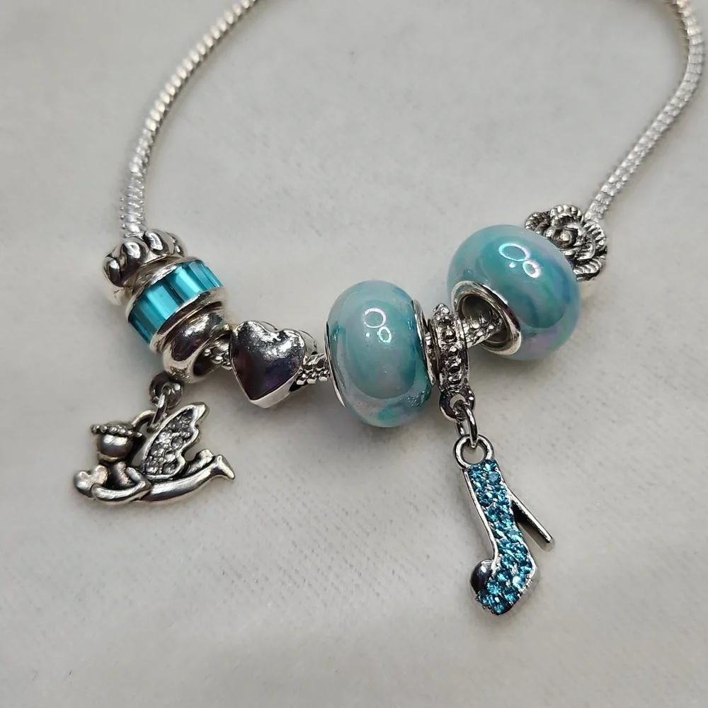 Ladies Charm Bracelet Blue Beaded Heart Angel Shoe Charm Bracelet Silver Tone
